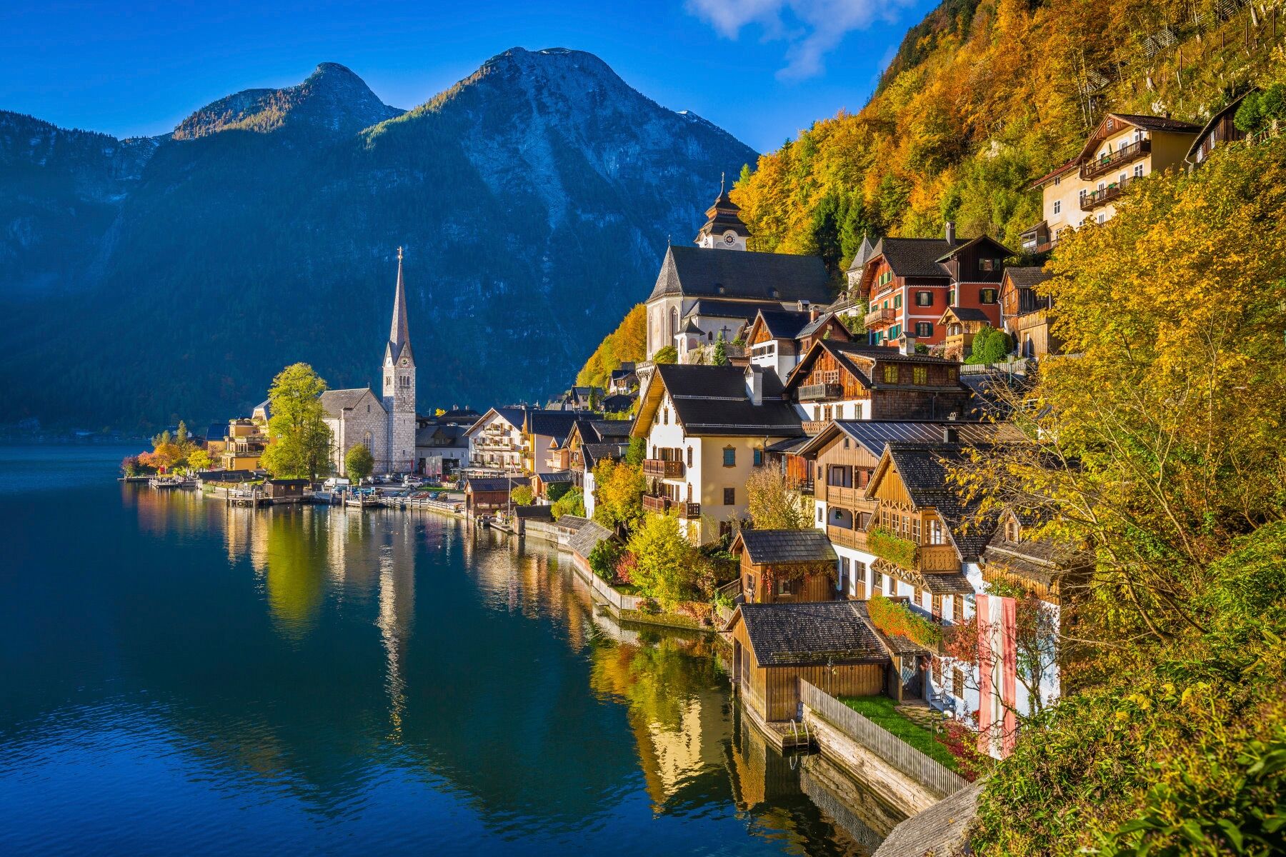 Fototapete PAPERMOON "Hallstatt Mountain Village", bunt, B:3,5m L:2,6m, Vlies, Tapeten, Fototapete