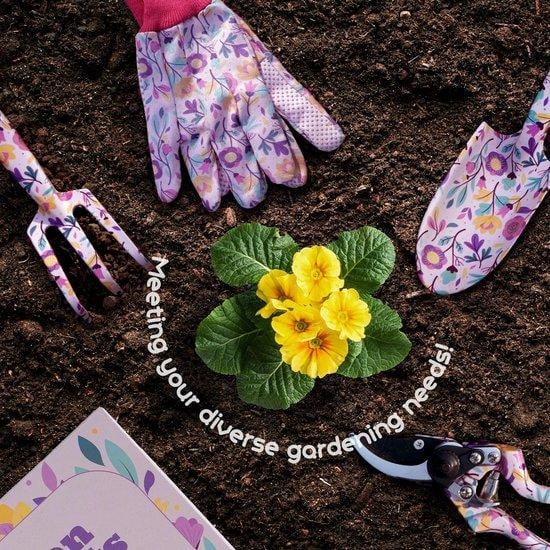 Unyqoos 5-delige tuingereedschapset met bloemenprint inclusief handschoenen, schep, hark en snoeischaar van aluminium-staal legering
