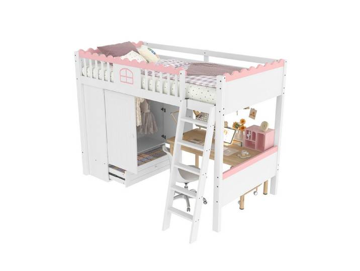 REDOM Kinderbett Hochbett mit LED-Leuchten (mit Kleiderschrank und Ablageschublade,Funktionsbett Holzbett 90x200cm, aus Kiefernholz), Ohne Matratze