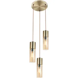 Pendelleuchte 3 flammig Decken Hängelampe Metall Glas Pendellampe Hängeleuchte, 3x E27, Metall Messing Glas amberfarben, 30x150cm, Wohnzimmer Schlafzimmer