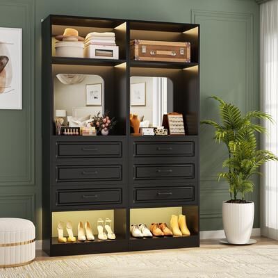 Rackcog Cimly 25'' Freestanding Closet System with Drawers and Mirror, Display Shelves Organizer with Shelving