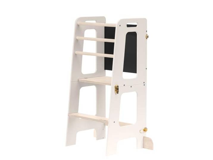 Montessori Lernturm für Kinder Klappbarer Küchenhelfer mit Rutsche & Tafel Stehturm ab 1 Jahr (Beige und Holz, Ohne Rutsche)