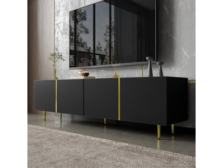 Meuble TV L 170cm - avec 4 portes - MDF - Noir