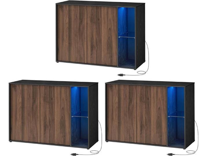 SONGMICS HOME Sideboard Aufbewahrungsschrank mit LED-Beleuchtung (TV-Schrank, Glasablage, Toolless-Technologie, Aufbewahrungsschrank, 3 St., Superschnelle werkzeuglose Montage, Sideboard mit Beleuchtung), 3er Set Aufbewahrungsschrank, TV-Schrank, Toolless-Technologie