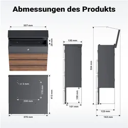 Toboli, Briefkasten, Briefkasten V63 Anthrazit 410x130x370mm Soft Close Zeitungsfach Stahl (37 x 13 x 41.30 cm)