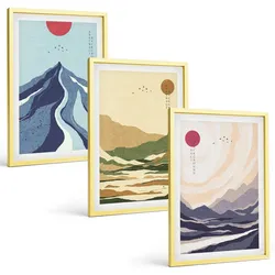 BILDER SET 3er Set - 40x60 cm Goldrahmen - Pastellfarbene Berge im Japandi-Stil