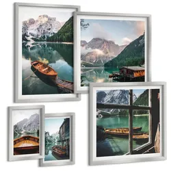 BILDER SET 5er Set - 50x50 cm & 20x30 cm & 40x60 cm Silberner Rahmen - See, Berge, Boote, Hütte, Fenster