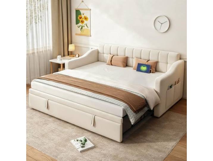 DUlVBPE Polsterbett Schlafsofa 2 in 1 Multifunktionsschlafsofa 90 * 180 * 190, Beige Samtstoff Polsterbett mit Steckdose und Aufbewahrungstasche