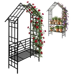 Relaxdays Rosenbogen mit Sitz- oder Blumenbank Schwarz