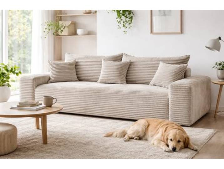 SOFILAND Cordo Schlafsofa 265×150 cm mit Bettkasten – Cord Sofa TILIA Breitcord, SoftTouch Komfort, 3-Sitzer Couch, abnehmbare Kissen, Easy Clean & Pet Friendly (Beige)