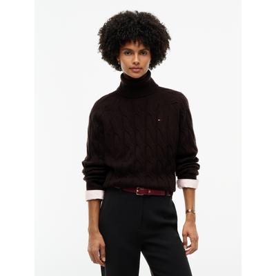 Rollkragenpullover TOMMY HILFIGER "SOFT WOOL CABLE ROLL-NK LS SWT", Damen, Gr. XS (34), braun (chocolate), Strick, Obermaterial: 100% Wolle, unifarben, normal, Rundhals, Raglanärmel, Pullover Rollkragenpullover, aus Wolle, Zopfmuster