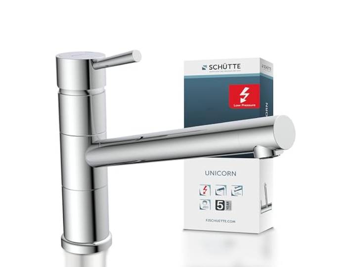 SCHÜTTE 33790 UNICORN Niederdruck-Küchenarmatur 150° schwenkbar, Wasserhahn für die Küche mit Anti-Nachlauf-Funktion, Mischbatterie mit Einhebelmischer, Spültischarmatur, Chrom