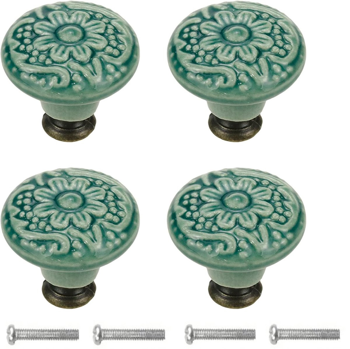 Winkrs Meubelknoppen Set Groen Keramiek Rond met Bloem - 4x Kastknop met schroef - Vintage/Antiek handgreep voor deur en lade