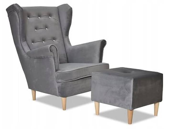 Family Meble Ohrensessel mit Hocker, Modell Diana, Skandinavisch, Relaxsessel aus Webstoff, Loungesessel, Ohrensessel mit Hocker, Bequemer Sessel, Für Wohnzimmer, Esszimmer, Schlafzimmer, Grau 1