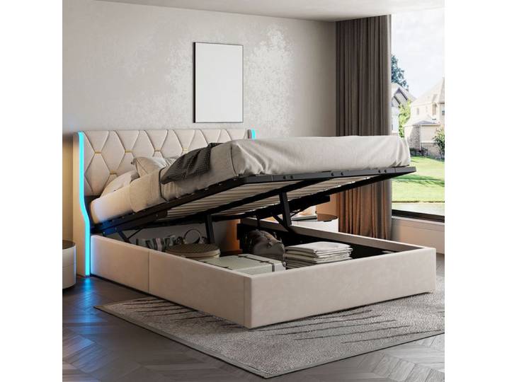 Lit double rembourré rangement 160x200cm - Lit jeunesse éclairage LED port de charge USB - Lit capitonné élégant chambre salon