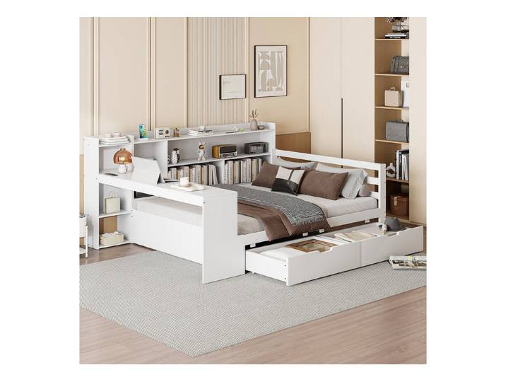 MODFU Schlafsofa Multifunktionsbett, 140x200 cm, Integrierte Steckdose, USB-Anschlüsse und Regale, Ohne Matratze