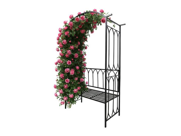 Relaxdays Rosenbogen Schwarz Metall mit Bank 210 cm, 55x210x48 cm, Dekoration, Gartendeko
