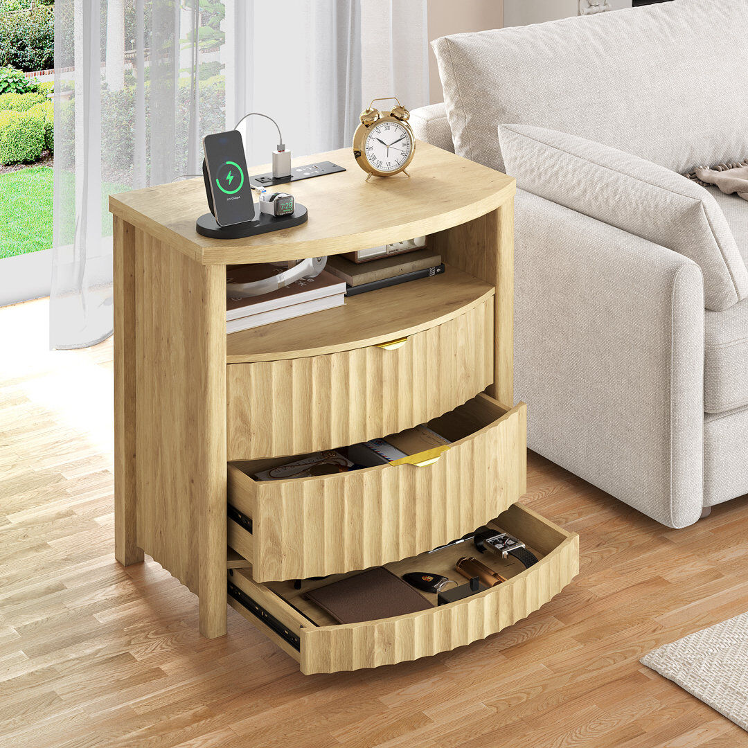 Metro Modern Bedside Tables With Human Sensor Light, Charging Station, Lockable Drawer Oak 60cm H X 60cm W X 40cm D