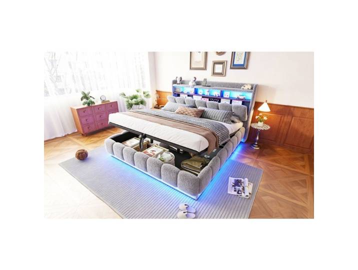 Lit rembourré - SOGEU - 180x200 - Rangement hydraulique - LED intégrée - Port USB