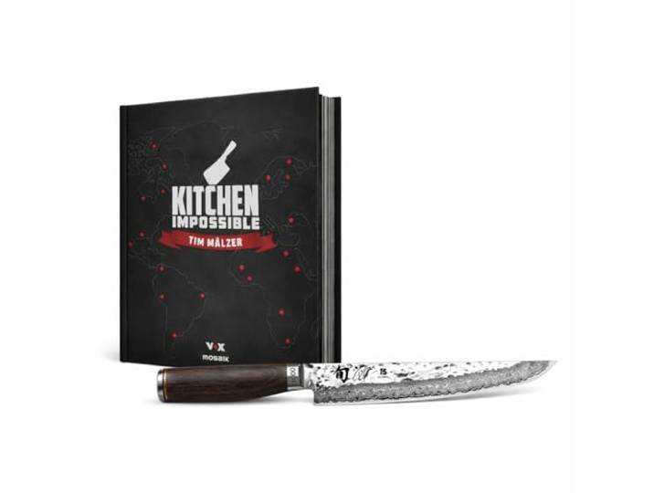 KAI Shun Premier Tanto Slicer TDM-1785 Damastmesser & Kochbuch Set Limitiertes 25,5 cm japanisches Fleischmesser aus VG-MAX Stahl mit Tim Mälzer Kitchen Impossible Kochbuch Geschenkset