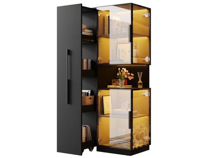 Vitrine Noir en MDF et verre Avec Éclairage LED et Étagères Réglables 70 x 38 x 160cm - pour salon salle à manger
