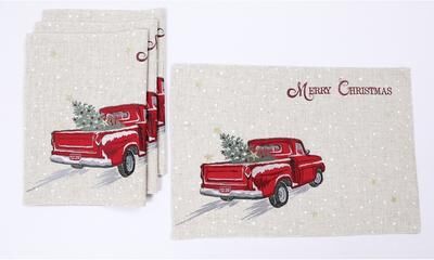 Manor Luxe Merry Christmas Truck Embroidered Placemats 14 by 20-Inch, Set of 4