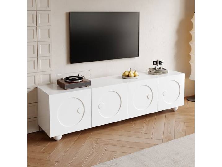 Meuble TV blanc moderne quatre portes design minimaliste support TV panneau TV meuble bas pour salon. Longueur 180 5 cm