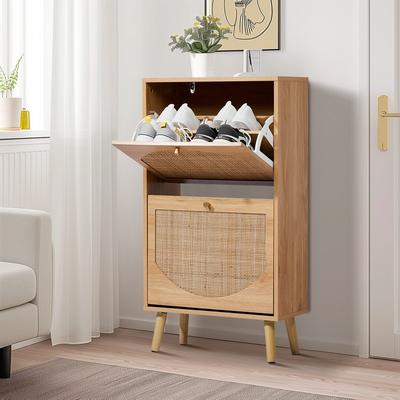 No Rattan Shoe Cabinet with 2 / 4 Flip Drawers, Narrow Shoe Storage Cabinet,Organizer for Entryway, Bedroom, Living Room
