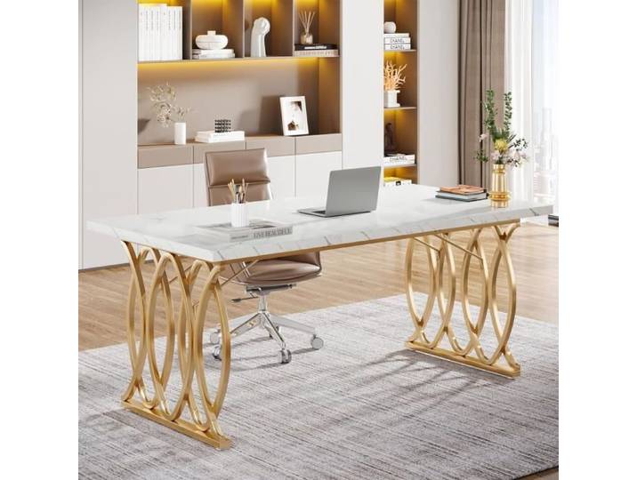 Tribesigns Bureau d'ordinateur 160 cm Table de Bureau Informatique Table d'Étude Moderne PC Table de Travail Blanc & Or