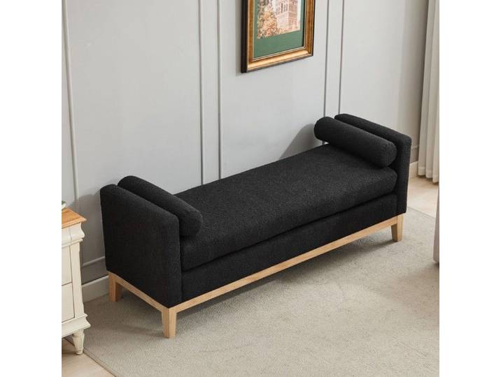 Banquette élégante capitonnée noire pieds bois 2 coussins méridienne repose-pieds 149x50x63.5cm