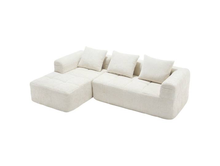 ECKSOFA 3-Sitzer mit Chaiselongue Taschen, Beige Chenille