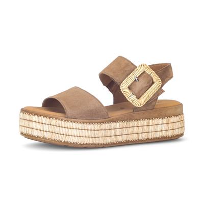 Keilsandalette GABOR, Damen, Gr. 42, Leder, braun (nussbraun), Ziegenveloursleder, Schuhe, Plateau, Sandale, Sommerschuh mit dekorativer Zierschnalle aus Bast