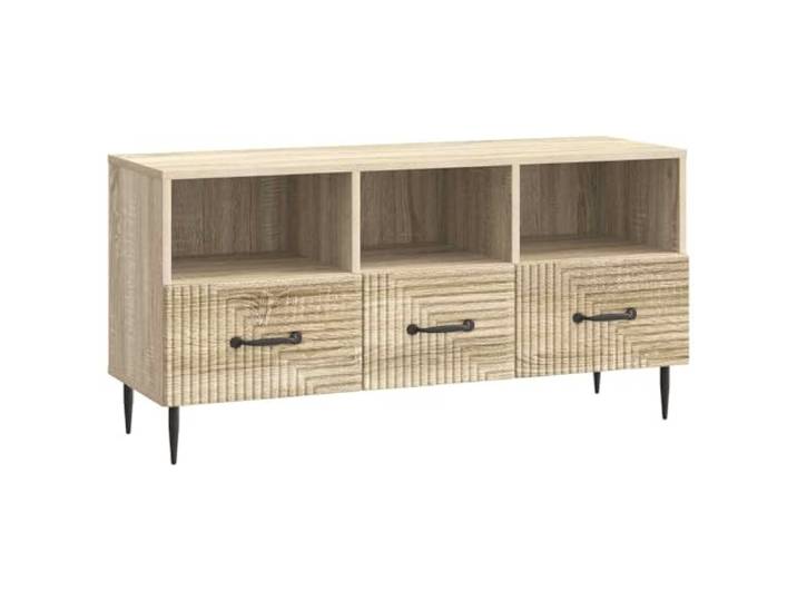 KUPTYERFG TV-Schrank Sonoma-Eiche 102x34,5x50 cm Lowboard Holzwerkstoff Drei Schubladen bieten viel Stauraum für Mediengeräte im Wohnzimmer oder Schlafzimmer. Schwarze Metallbeine geben Halt.