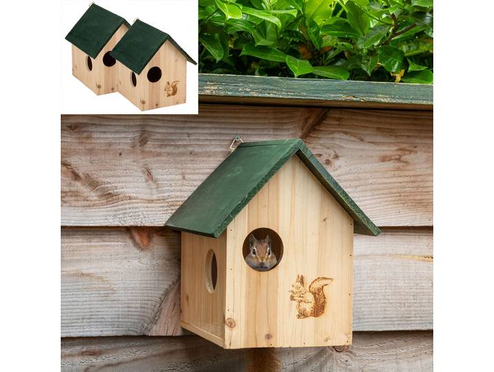 2er-Set Eichhörnchenhaus aus Holz mit 3 Fluchtlöchern, 25x26x28cm
