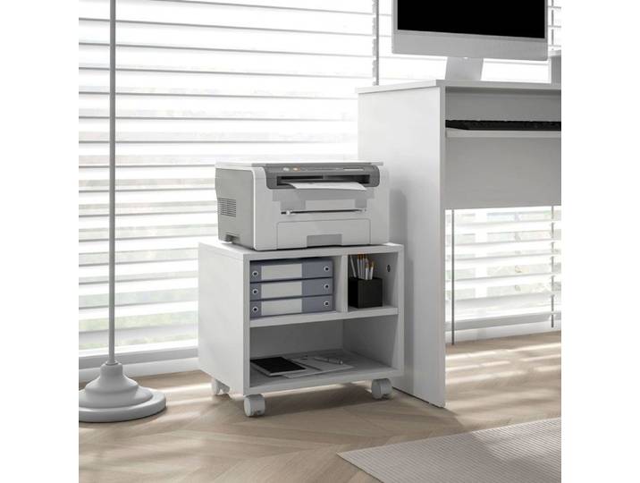 Caisson de bureau - Support imprimante 4 compartiments - Blanc - Roulettes freinées - 40×30×36 cm