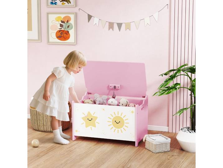 AIYAPLAY Coffre à Jouets Enfant 60cm Rose avec Couvercle Sécurisé