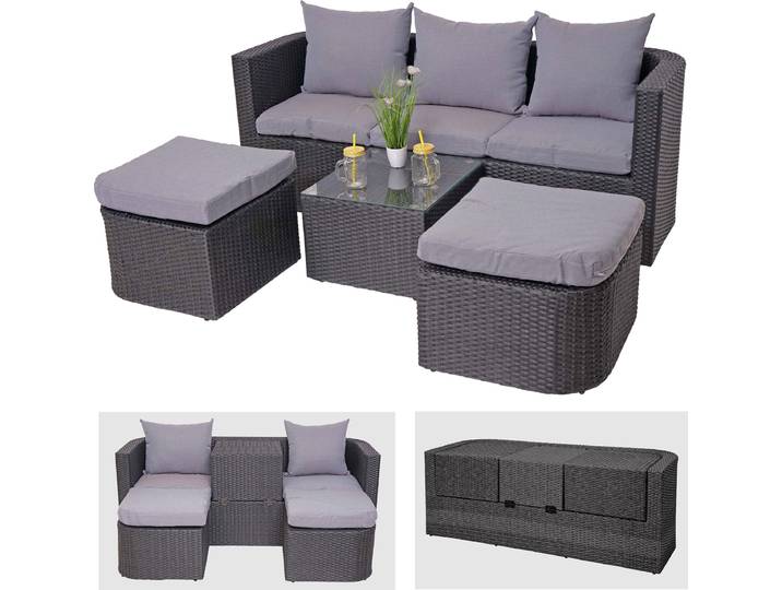 3in1-Garnitur HWC-J37, Garten-/Lounge-Set Sonneninsel, Spun Poly Poly-Rattan MVG anthrazit, Kissen hellgrau