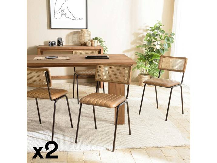 Chaise assise cuir havane dossier rotin (lot de 2) TIM