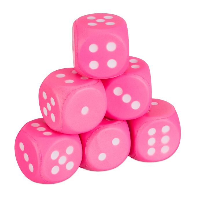Relaxdays Foam dobbelstenen set van 6, roze, B: 7,5 cm x D: 7,5 cm x H: 7,5 cm