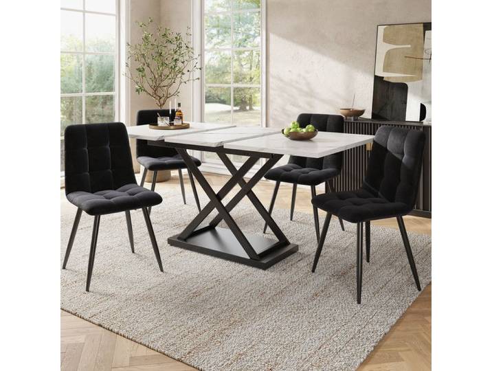 Table à manger extensible avec 4 chaises ensemble pour 4 personnes table télescopique blanche 120-160×80×75cm