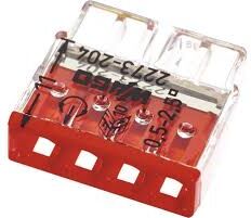 Borne pour boîtes de dérivation COMPACT avec boîtier transparent 4 conducteurs boîte de 100 WAGO 2273-204 Rouge