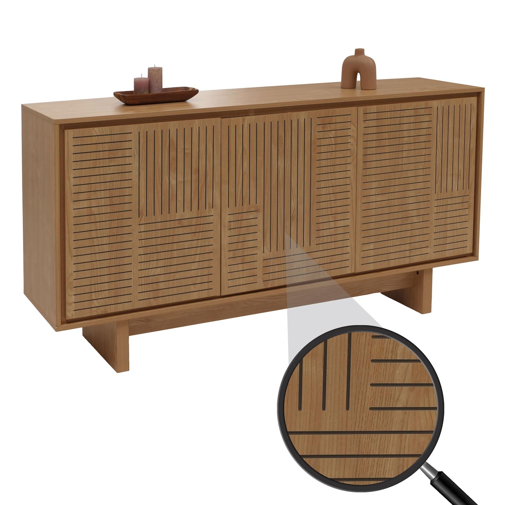 Sideboard MCW-O35, Schrank Highboard, 3 Türen Staufächer, Melamin 86x160x40cm ~ Ulme natur
