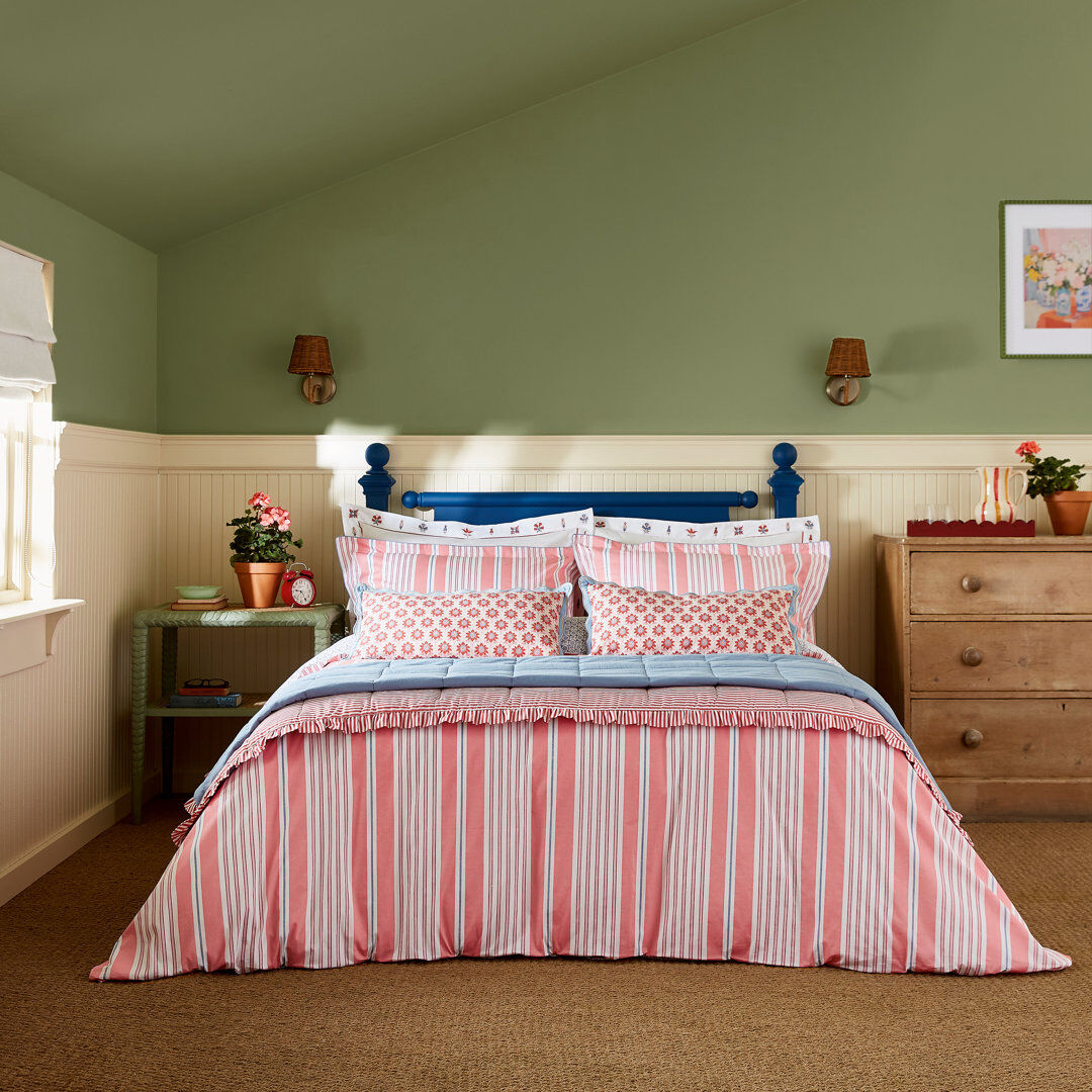 JOULES Siesta Stripe Cotton Percale Duvet Cover Set Red Super King Duvet Cover + 2 Pillowcases