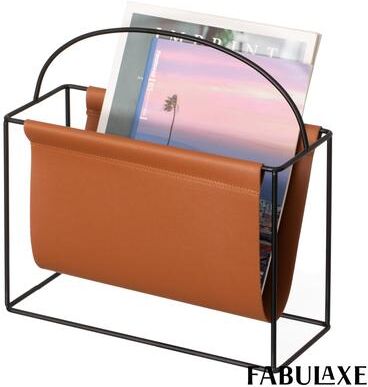 Fabulaxe Gold-Tone Metal Magazine Rack with Brown Faux Leather Sling Freestanding Organizer for Magazines Newspapers & Files