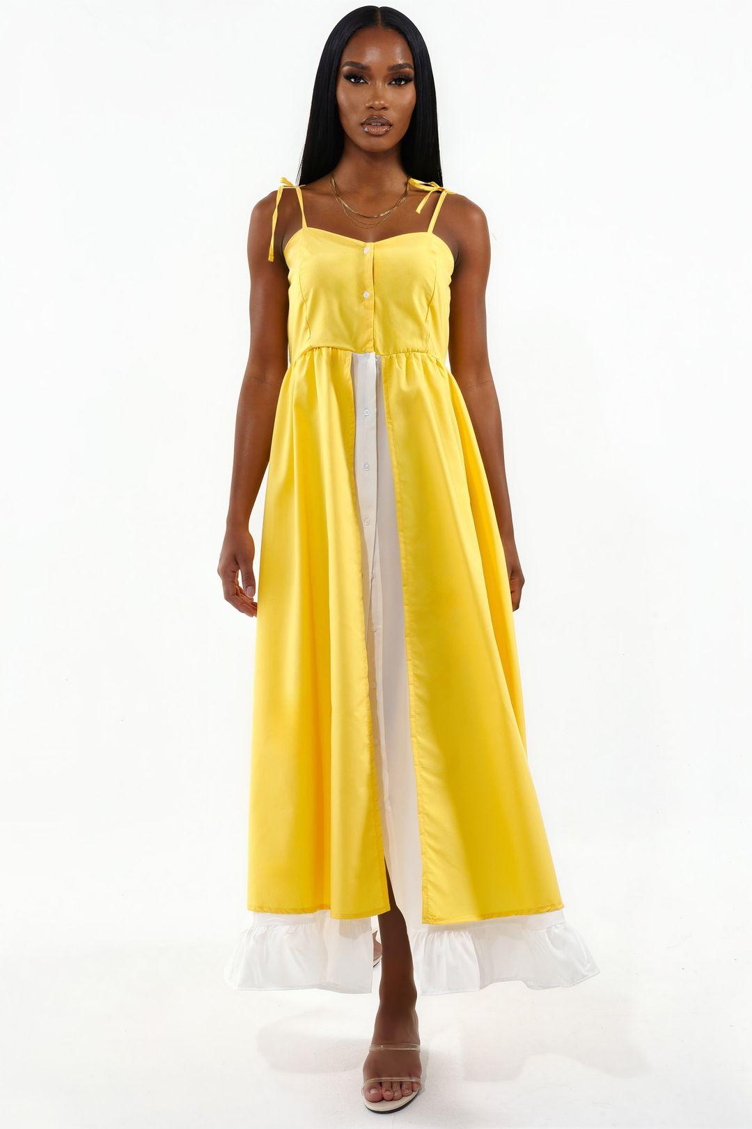 Farbenblockiertes Maxikleid mit quadratischem Ausschnitt