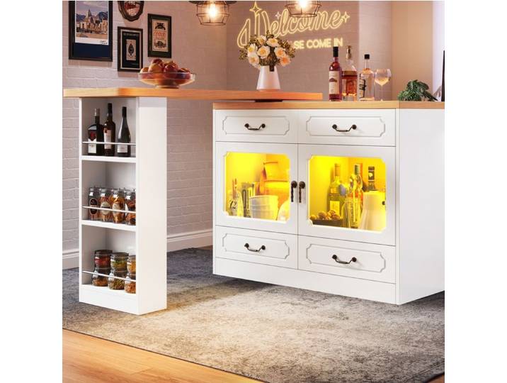 Bar table extensible – blanc – rotation 360° – LED – rangement – MDF – 203 cm