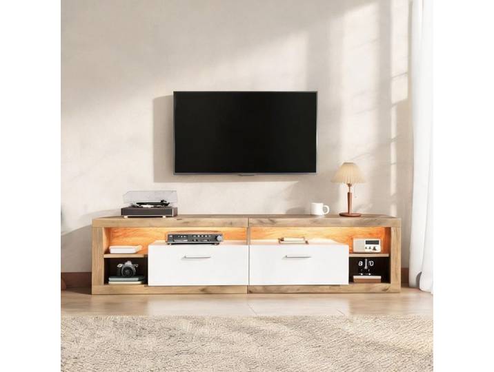 Meuble TV bas 180 cm avec LED connectées et rangement panneau de particule finition bois clair et blanc