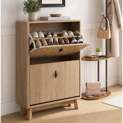 Ostweer Rustic Shoe Cabinet Entryway Cabinet with Adjustable Shelves, Oak Freestanding Shoe Rack Shoe Cabinet