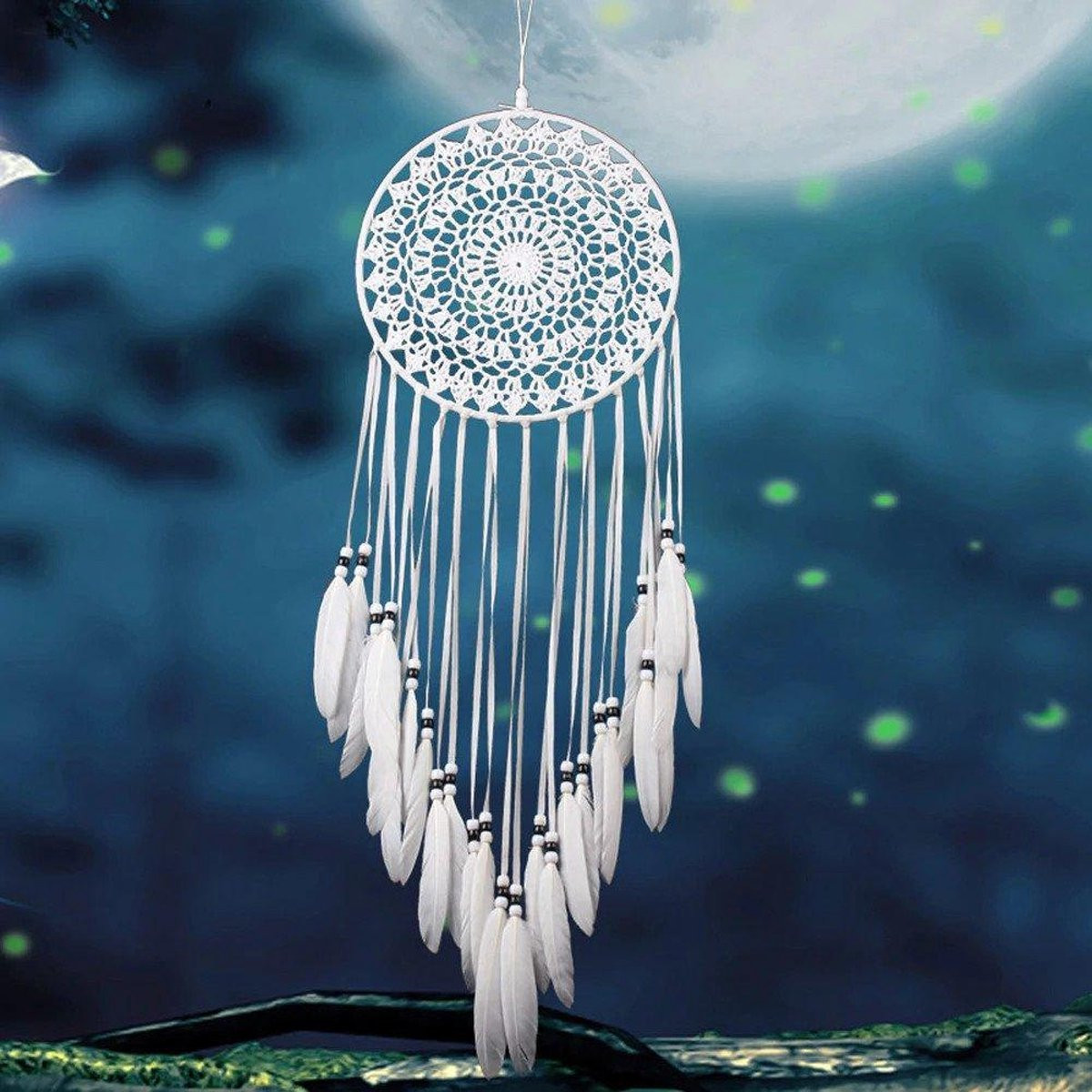 Handgemaakte Wit Dream Catcher met Kralen en Veren - 80 cm