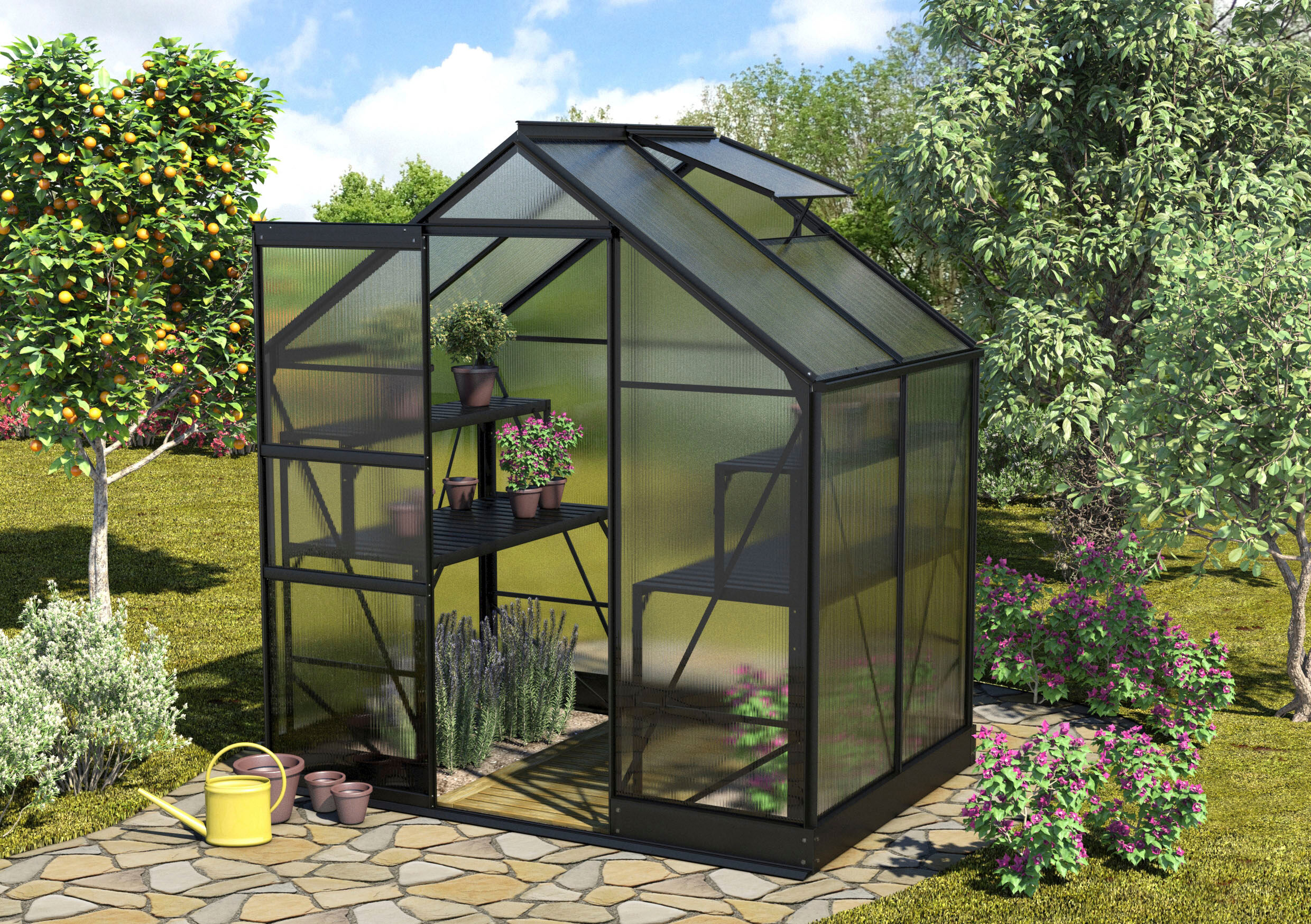 Gewächshaus VITAVIA "Apollo 2500", schwarz, B:195cm H:207,4cm T:136,6cm, Gewächshäuser, Gewächshaus, Alu-Profile, Fundamentrahmen, 4 mm Hohlkammerplatten